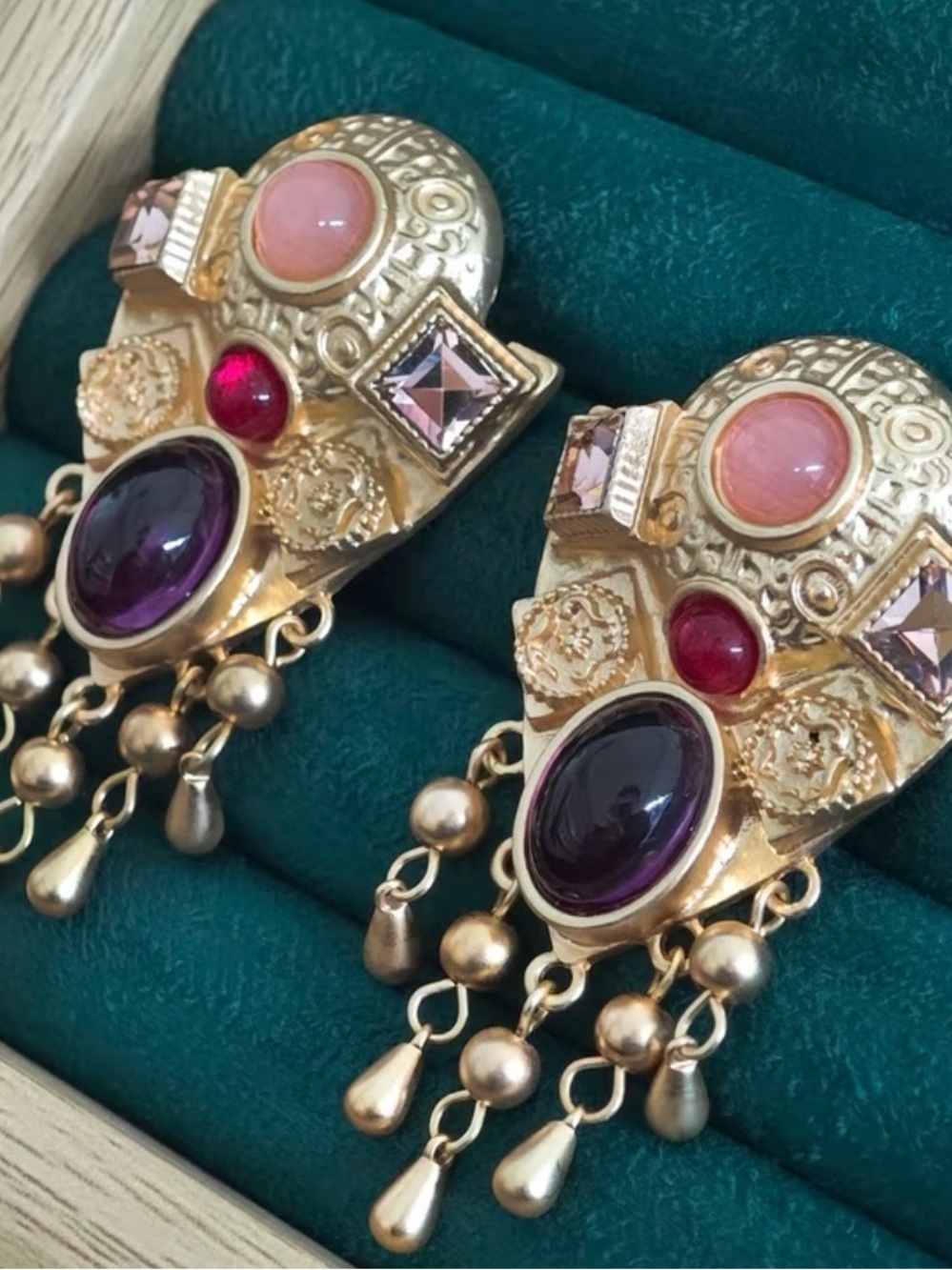 Gold-Tone Dangle Earrings with Purple, Pink and Red Gem Accents
